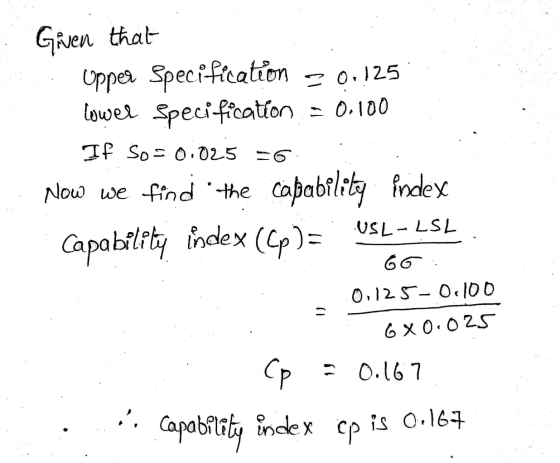 Gen that UPper Specification- o.125 lowel Speci-fication 0.100 If So O.025 Now we find the Capability fndex USL-LSL Capabilft