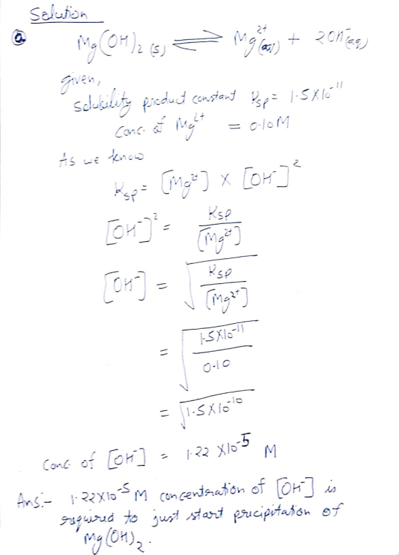 Selution 20n gven sclukilety pdud consta SKl = o-loM Conc As uE enco Ksp 2 Ton= 1-SKI- 1-SXlo0 Cont of OH Ans Xlo concendsrat