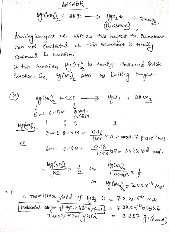 ANSWER 49 Caos), + 2KT —HgI, « A QkNOA Preeibitate) RKNO limiting reangent ine with out this reagent the reactant Can not com