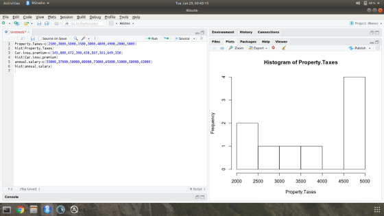 Activities RStudio ▼ Tue Jan 29, 00:43:15 RStudio File Edit Code View Plots Session Build Debug Profile Tools Help Project: (None) Untitled į#x Environment History Connections source on Save Run Source Files Plots Packages Help Viewer 1 Property.Taxes c(2508,388e,58e0,3500,3008.4880,4900,2000,5000) ZoomExport G Publish 2 hist Property.Taxes) 3 Car.insu.preniun c(345,880,472,398,450,587,361,649,350) 4 hist(Car.insu.preiun) 5 annual.salary c(5509,37880,58008,80900,75000,65000,55000,50000,45000) 6 hist (annual.salary) Histogram of Property.Taxes 2000 2500 3000 3500 4000 4500 5000 7:1 Top Level) R Script Property.Taxes Console