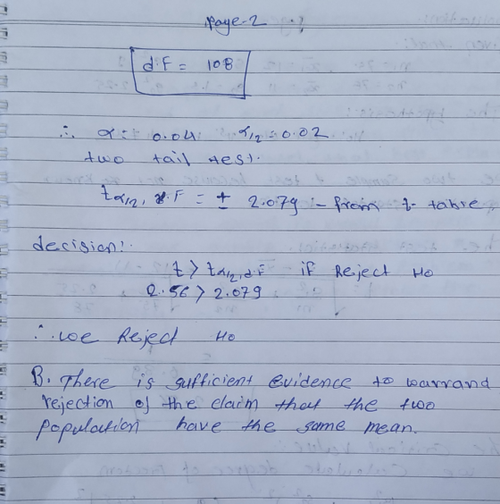 Page 2 az olem d = 108 / - all : - Xeto.ou two tail Lina 0.02 test tan, P. F = + 2.079 - from t tabre I decision? lottad - if