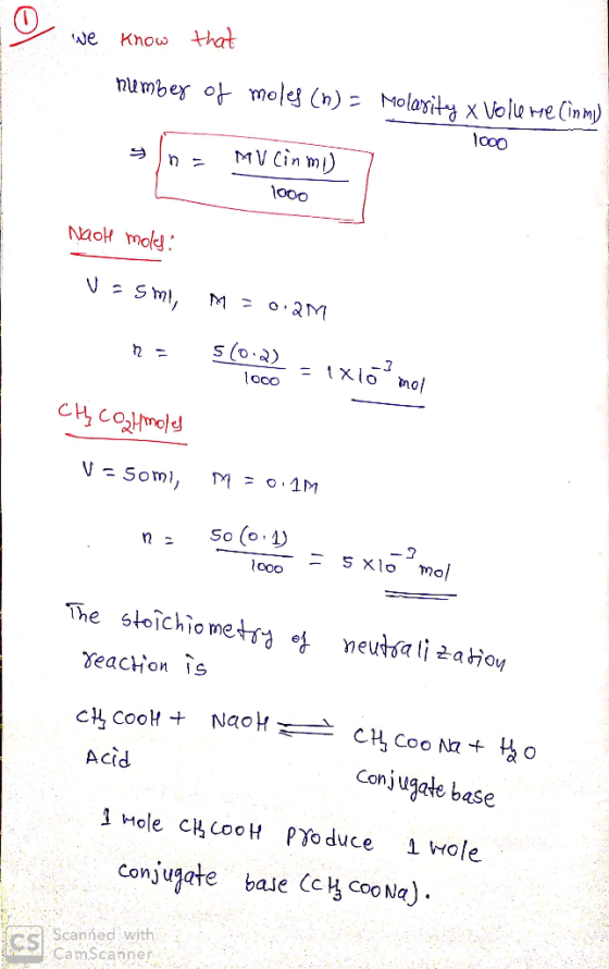 - we know that number of moles (n) = Molarity x Volleme (in my 10oo sn= MV Cinmi) L 1000 NaoH moks: V.Sml M =0.2M ņ= (0:2) 10