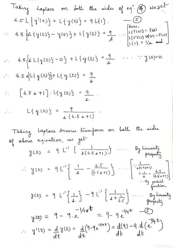 wege Taking Laplace on both the sides of eq? we set 4.5L{yltyy + l{y(t)} = 9L21). - © ..4.5 fil fyltyy ycosy+ 4141633 = .rec