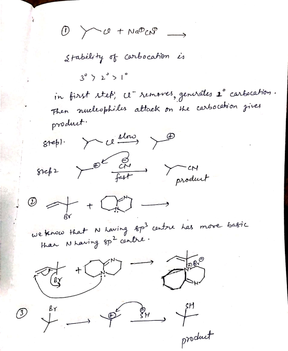 © lot Naoni Stability of carbocation is - 3° >2 >10 in first step, ce- remores, generates 2° carbocation . Then nucleophiles