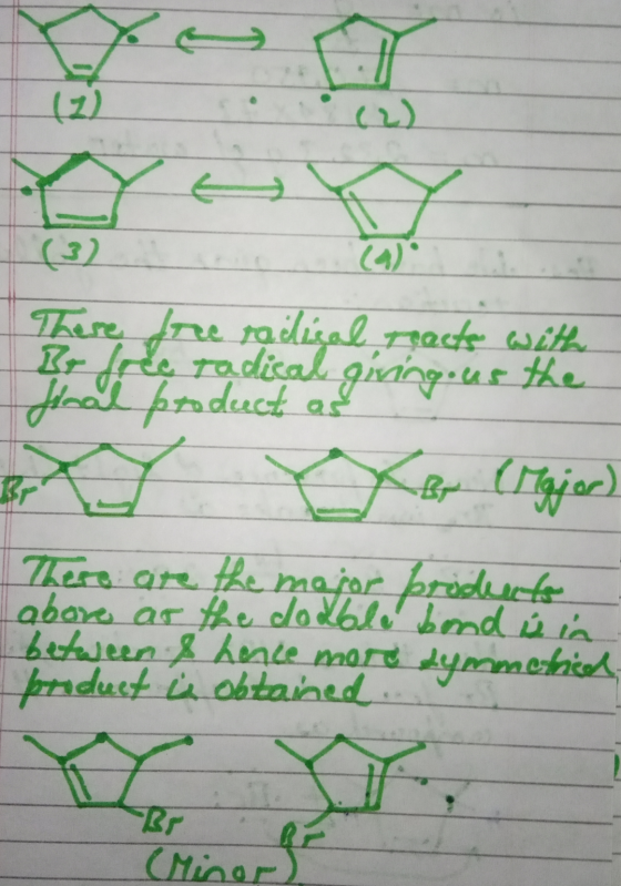دع (2) (2) o (3) (4) There fore railical reacts with Br free radical giving us the final product as KB (Major) Br There are t
