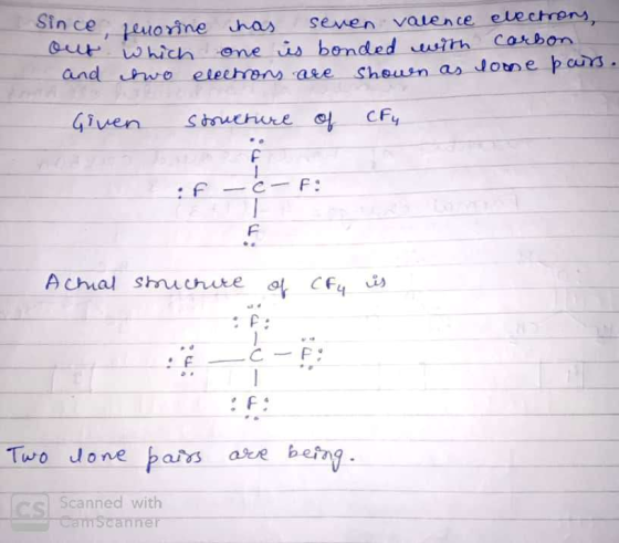 since, senorine has seven valence electrons, out which one is bonded with carbon and two electrons are shown as lone pairs. G