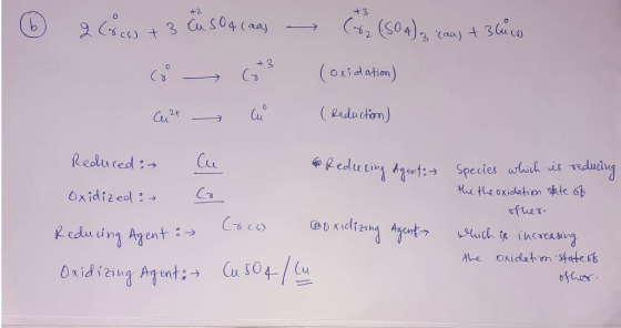 ② 2 (5cs) + 3 Eu soq laas - (82 (S04); cea) + Blues co - G? (Oxidation) Gut - Cu ( Reduction) Reduced : Cu Reducing Agent:- S