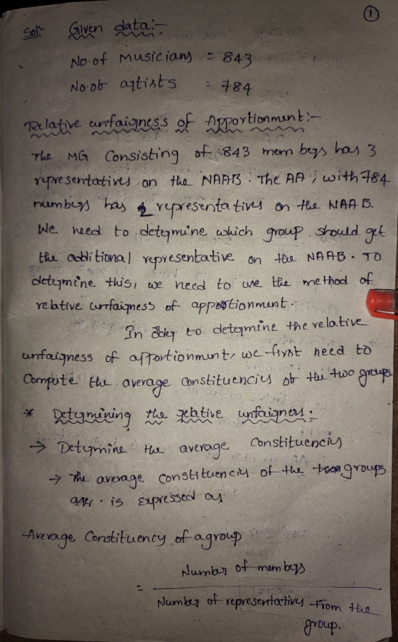 Sole- Given data: No of Musicians = No of artists 843 784 Relative anfangness of Apportionment- The MG Consisting of 843 mem