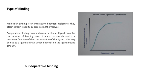 Type of Binding ATCase Shows Sigmoidal Type Kinetics Molecular binding is an interaction between molecules, they attain certa