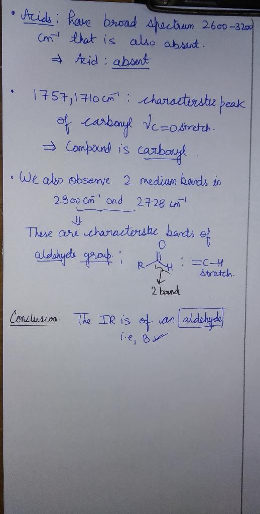 • Acids: have broad spectrum 2600-3200 Can that is also absent. Acid: absent I 1757, 1710 cm: characterstic peak of carbony