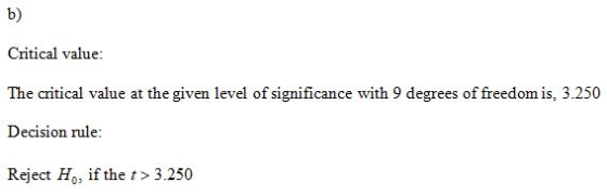 b) Critical value: The critical value at the given level of significance with 9 degrees of freedom is, 3.250 Decision rule: R