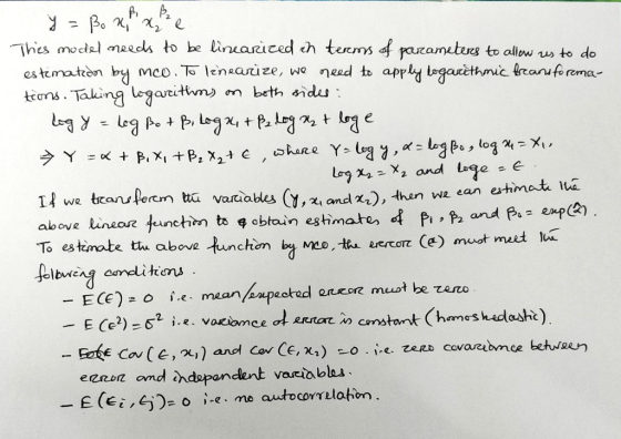 y = Bo X, MX, se This model needs to be linearized in terms of parameters to allow us to do estematedor by meo. To lenearize,