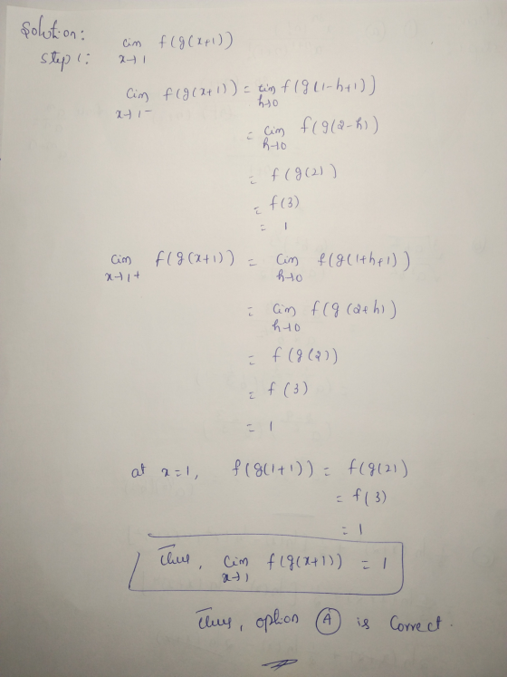 solution: cin f(g(x+1) Step 6 21 Cim f(g(x+1)) = tim f (g (1-5+1)) ho at i- e cim f( 9 (2-h) a i f (g(21) f(3) ī 1 f(g(x+1) =