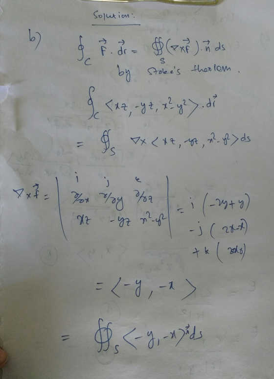 Solution: b) c f. dr = $(ext) nds by Stokes theorem . <XZ, -yz, x2 y2 7. di os TX (x2, et x² - y2>ds S - ب x x bele role to