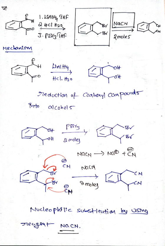 NACN 1. Laity THF K il 2HCl 120 . 3.PBIZ THE Mechanism 2 moles Lint Hol. H2o reduction of carbonyl compounds Into alcohols Pe