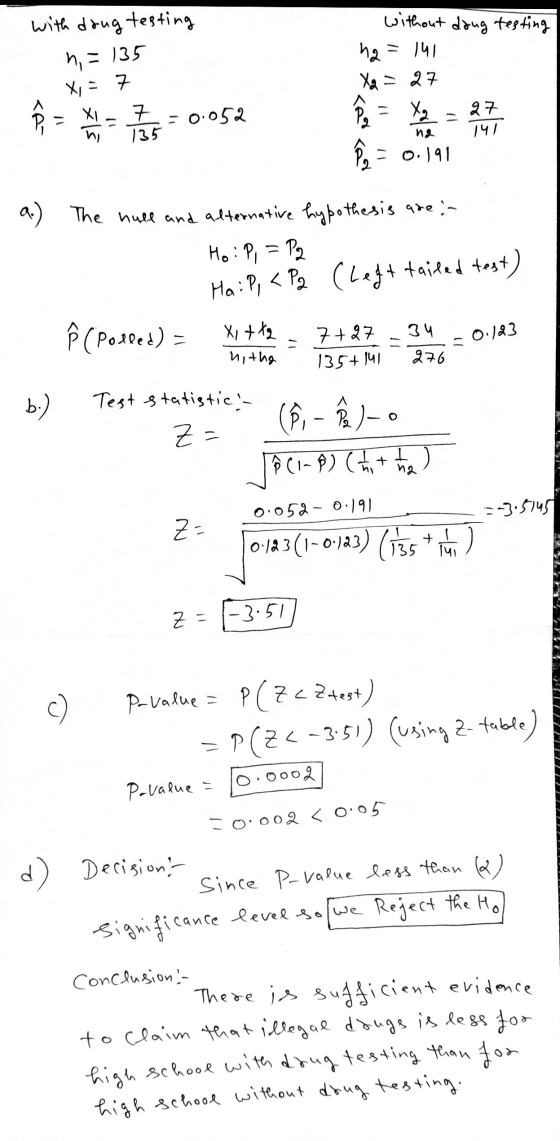 with drug testing without doug testing ha = 141 n = 135 x = 7 Xa - 27 27 7 135 ni na 147 = 0.052 ſo = x2 8, - p. 11 a.) The h