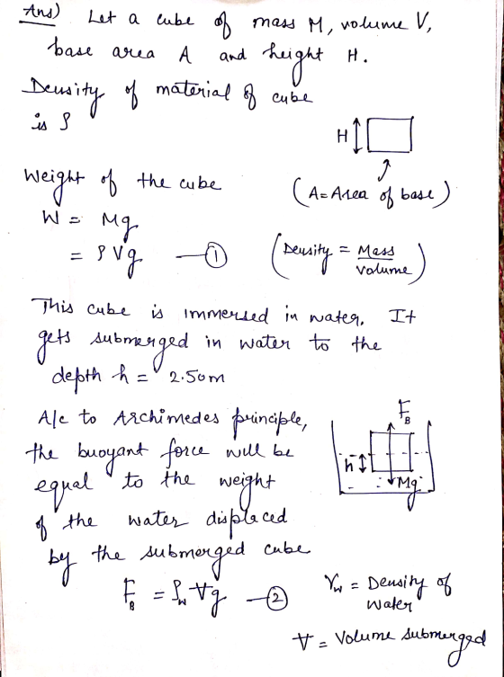 Ans) lube of base area Let a cube А and hei of is 8 mass M, votume V, height Deusity of material of cube HIC weight of the cu