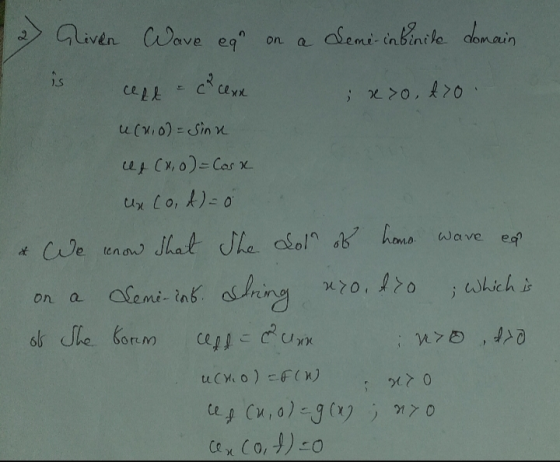 Gliven Wave eq on a Seme-infinite domain is c²cexx cett ; xoto ucu,o) = sinn on e f (x,0)=Cosx un cod) = 0 at We know that t