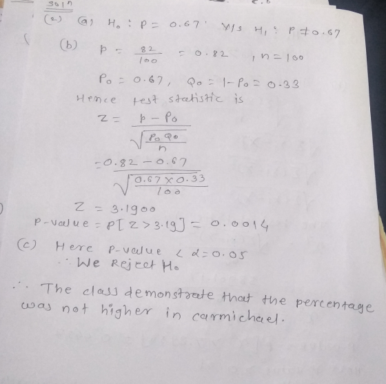 So1n a Ho P = 0.67 MIs H P t0.67 (ь) p - 8 2 O82 1 n=100 Po o.67, 1-Po 0-33 test statistHe is Hence b-Po -0.82-0.67 O.67 X0.3