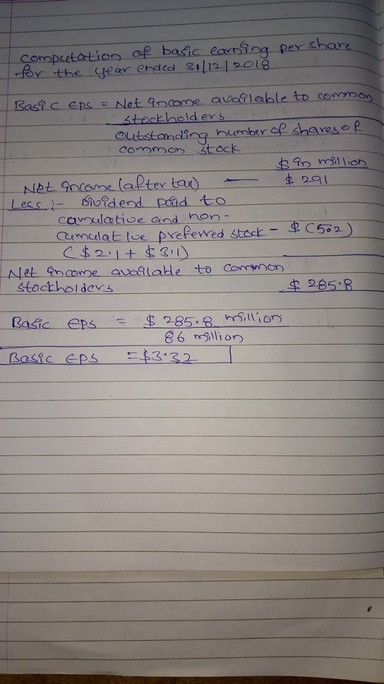 computation of basic earning per share for the year ended 31/12/2018 Basic eps = Net Income availeeble to common stockholders
