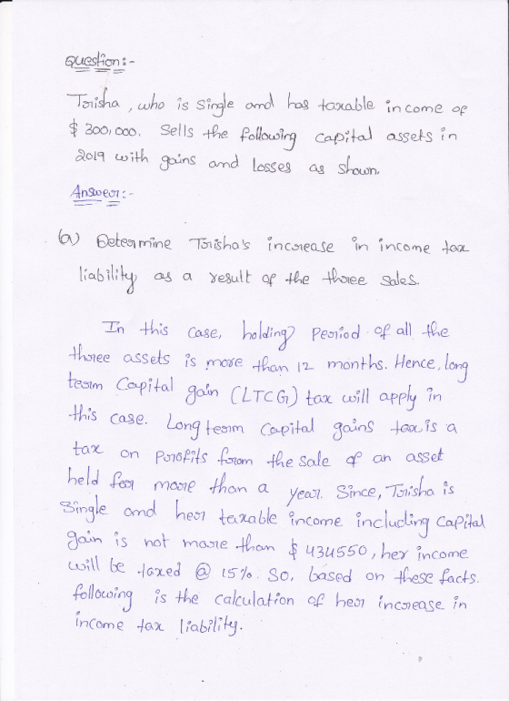 Question :- Trisha , who is single and has taxable income of $ 300.000. Sells the following capital assets in 2019 with gains
