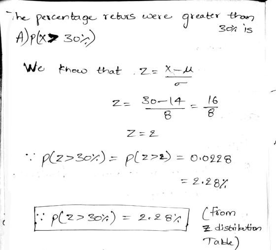 The percentage returs were greater than A)pl«> 30%) Bor is We know that .2=X- 2= 16 30-14 8 8 ZEZ : pl2>30%) = P(272) = 0.022