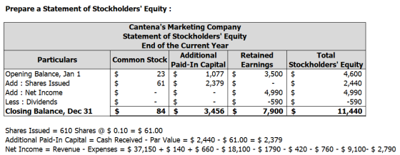 Prepare a Statement of Stockholders Equity : Particulars Cantenas Marketing Company Statement of Stockholders Equity End o