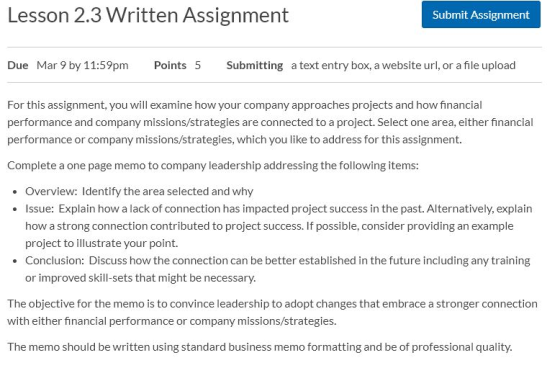 Lesson 2.3 Written Assignment Submit Assignment Due Mar 9 by 11:59pm Points 5 Submitting a text entry box, a website url, or