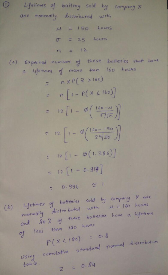 Lifetimes 여 battery sold by compar- are nonmallq distui bu Compan tor σ 25 hours (a) Eypected number these ba廾eties that haue
