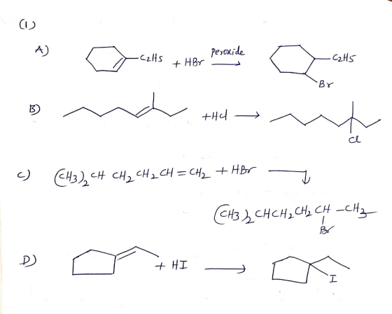 calts . Peroxide + HBr -C2H5 Br onde todo +Hd -> c) (CH3 CH CH₂ CH₂ CH = CH2 + HBr [CH3 CHCH₂ CH2 CH CH₂ DOH1 – o