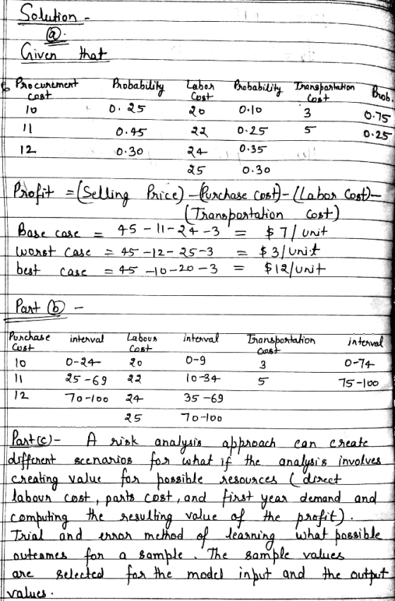 (0+ lo Cost 3 5 0.75 0-25 Solution @ Given that Procurement Probability Labor Probability Transportation Prok Cost 0.25 20 0.