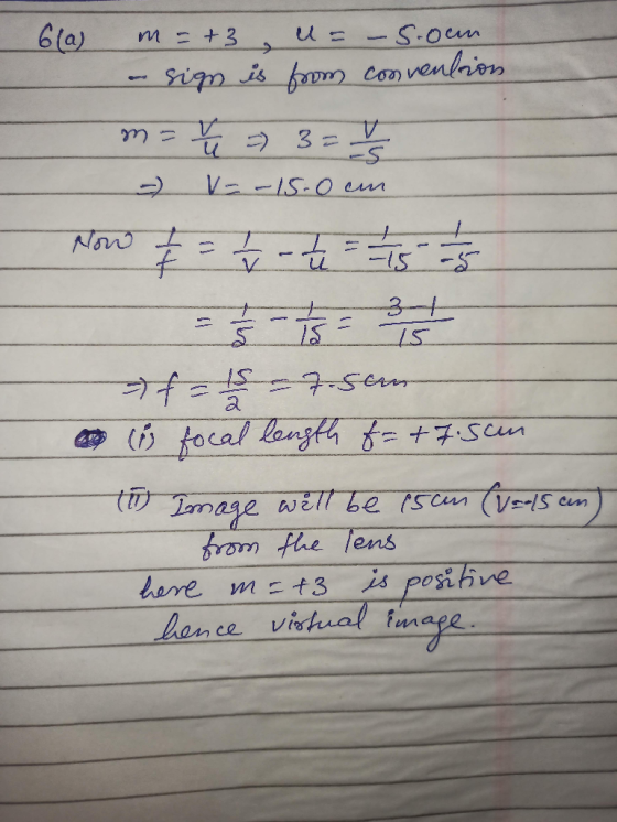 60) m = +3 -5.oum - Sim is form convention M 부 u = 3= -5 V--15.0 cm Now I & = // h = -1/15 - 5 = 1/2 - 1/3 = 3 1 - f = 15 - 7