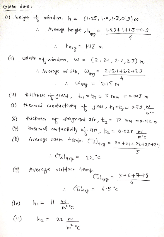 0.003 m Given data: (1) height of window, h = (1.25, 1.0, 1.3,0.9)m .: Average height, harg 1.25 +1+1.3 +0.9 w hang - 11113 m