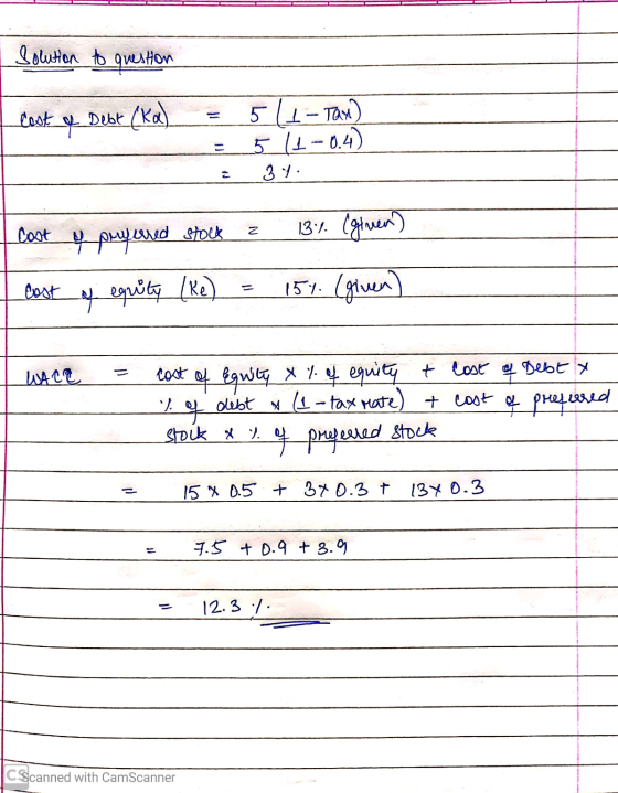Solution to question L cost of Debt (ka) = 5 (1 - Tax) = 5 11 -0.4) 2 34. Cost y puerred stock a I cost of equity (ke) = 13%