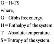 G=H-TS
where,
G=Gibbs free energy.
H=Enthalpy of the system.
T= Absolute temperature.
S=Entropy of the system.