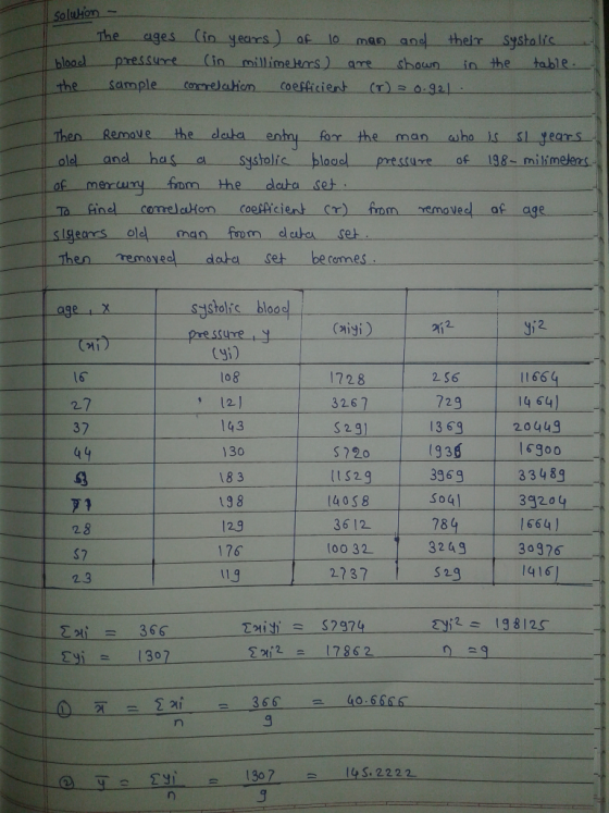The ages in yeares)af lo man ane their Systalic ood--pressure-tin_ milline eos ) are shaun in the table.. sample--, connechin