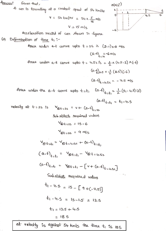 a(m/s) Answer: Given that, A cor is travelling at a cortant speed of su kmhr V = 54 kminy = 54x mis 0 V - 15 mis acceleration