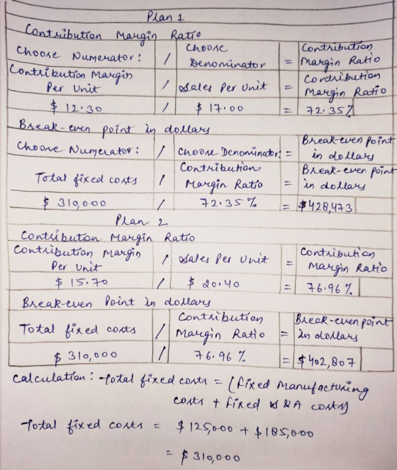 Contribution margin Ratio Contribution Margin Ratio Margin Ratio Plan 1 Contribution Margin Ratio choose Choose Numerator: De