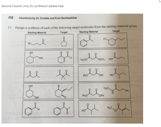 Second Column only for synthesis!! please help 458 ChemActivity 25: Enolate and Enol Nucleophiles 21. Design a synthesis of e