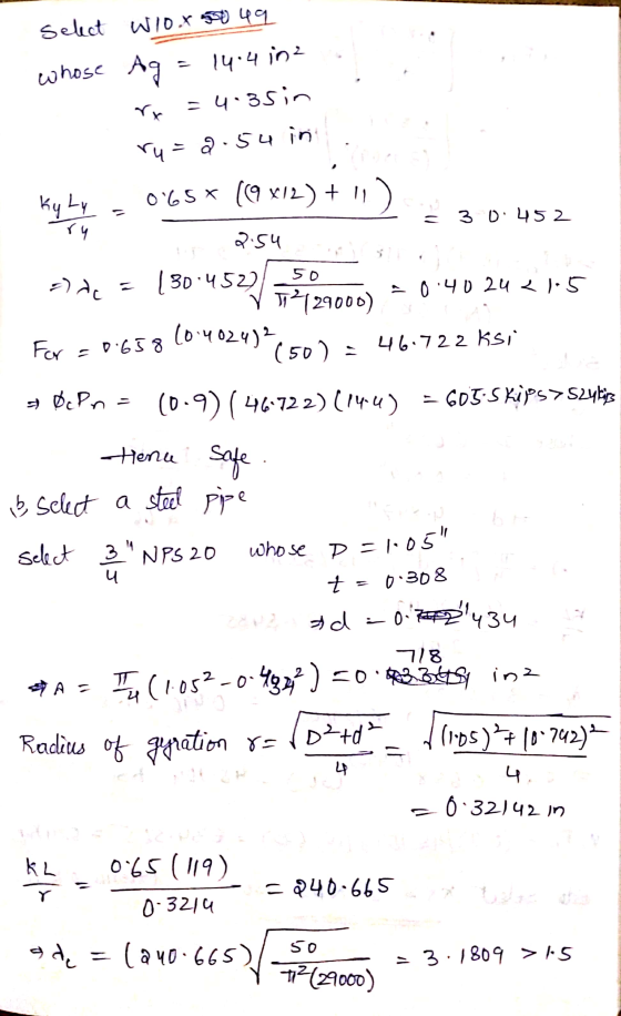 select wloo 500 49 whose Ag = 14.4 inz r = 4.35 in ru=2.54 in ky Ly , 065* ((9x12) +11) = 30.452 2:54 alde = (30452 29000) =