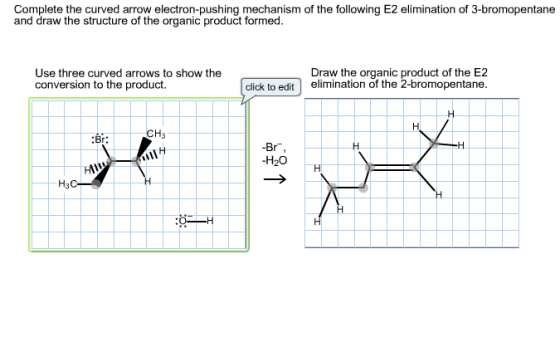 Image for Complete the curved arrow electron-pushing mechanism of the following E2 elimination of 3-bromopentane and dra
