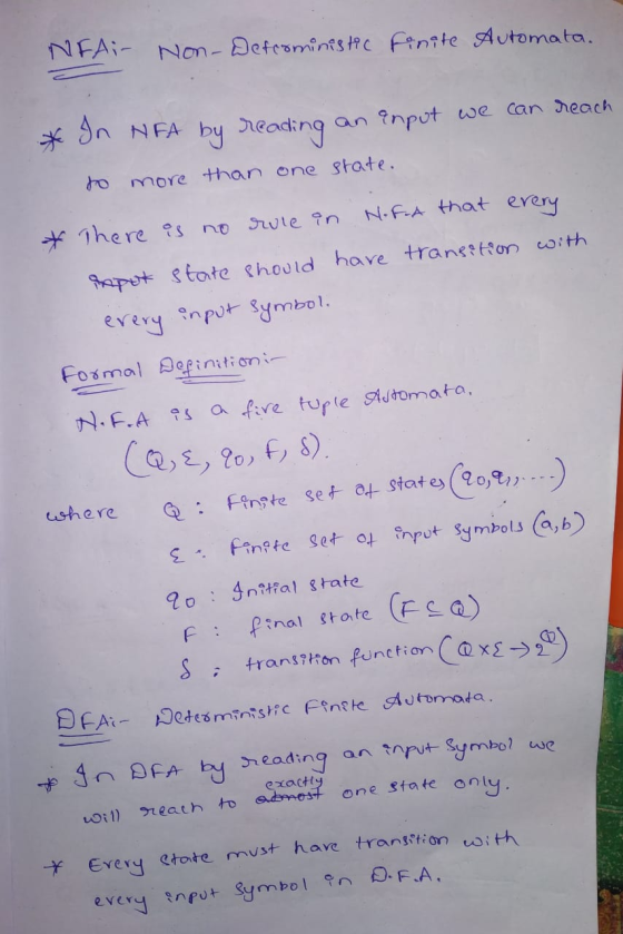 NEA- Non-Defcomunistic finite Automata. * In NFA by reading an input we can reach more than one state. * There is rule an N.F