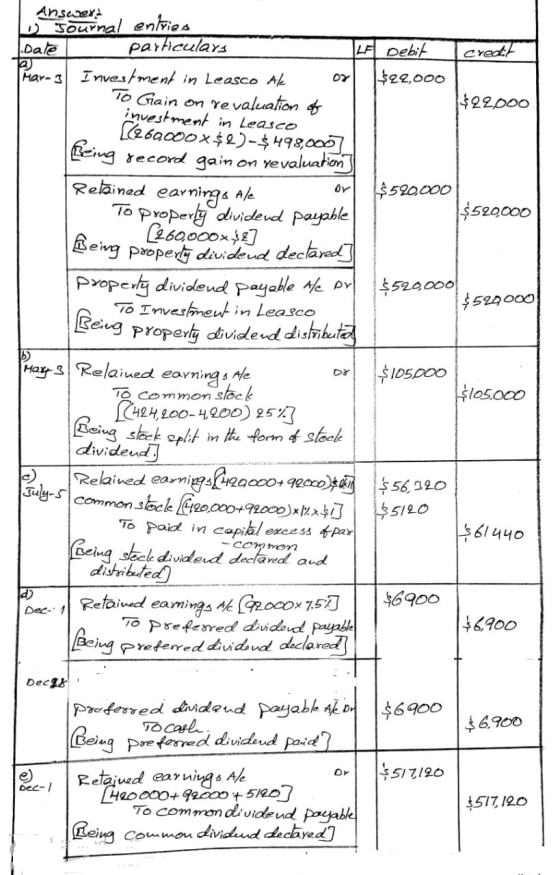 credit Mar-3 $22.000 $520000 000 $ 2000 Answers D Journal entries 1.Dale particulars - LF Debit Investment in Leasco Al or $2