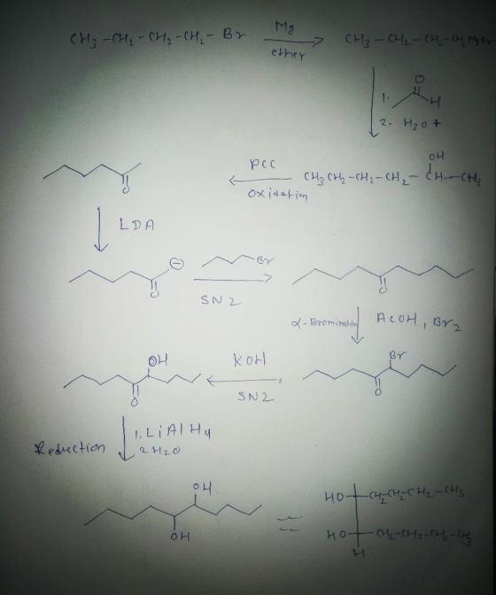 Ma 1 -H-4H-1HJ-H e they CH3-CH-CH-04M7 1- 2. H2ot CH CH-CH-CH CH-CH Oxidetin LDA SN2 ACOH, 3r2 -Brominatin kOH SN2 1.LIAI Hy