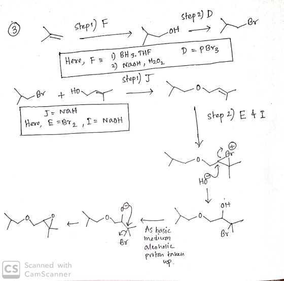 © Steps) F . Step 2) D - - oh x Br Here, I = 1) BH 3. THE D=PBr3 - 2) Naot, H2O₂ Stepi) I » Br + Hoy J= Nah Here, E =Br2 , I
