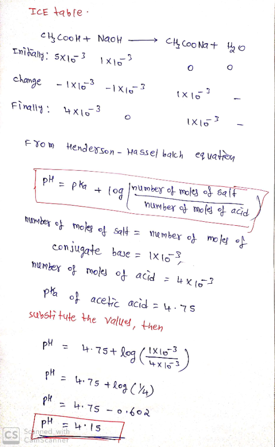 ICE table Ch Cook + NaOH - Initially: 5x10-3 1x103 change - 1x10-3 -1X1o-3 Finally: 4x10- 3 0 Ch cooNat the 0 0 Ixlos - From