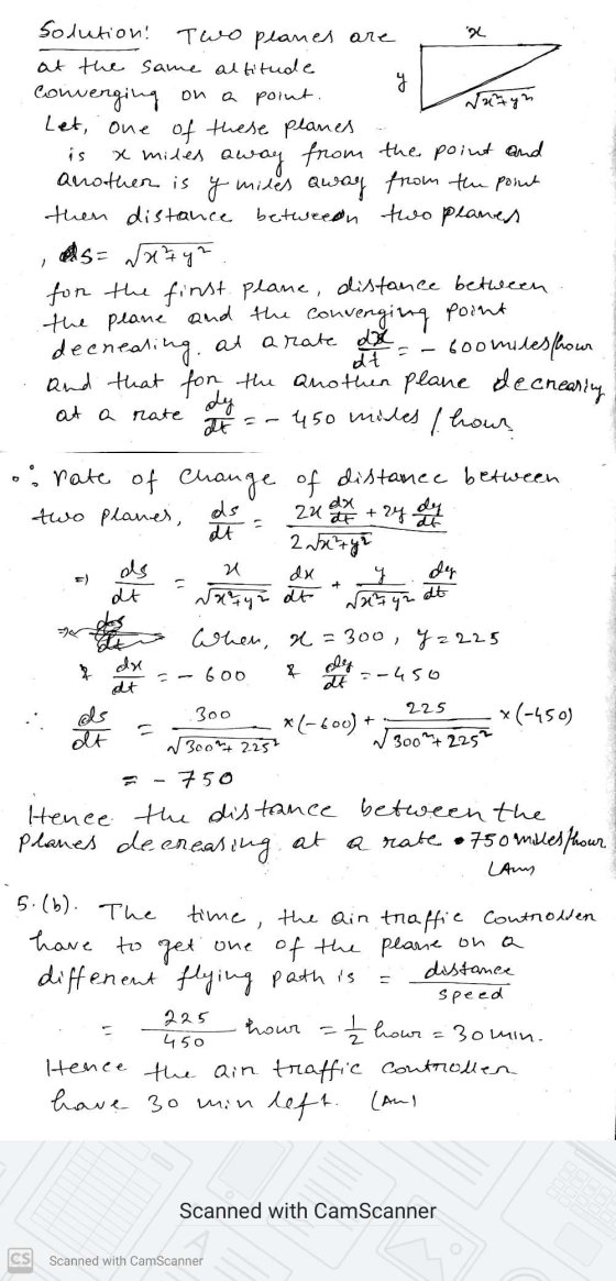 Solution. Two planes are at the same altitude Convenging on a point. Let, one of these planes. is x mides away from the point