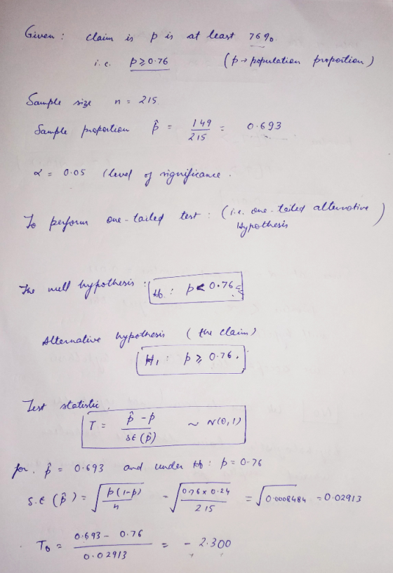 Given: claim is is at least 76% p>0.76 (6 population proportion) Sample size n = 215 149 215 0.693 Sample proportion 0.05 (le