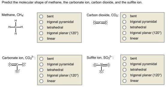 Predict the molecular shape of methane, the carbon