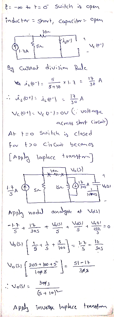 t=noo to tzó switch is open inductor = short, capacitor = open TO 1 #2057 SA V, 0) TA By currat division Rule x1.7 = A to i